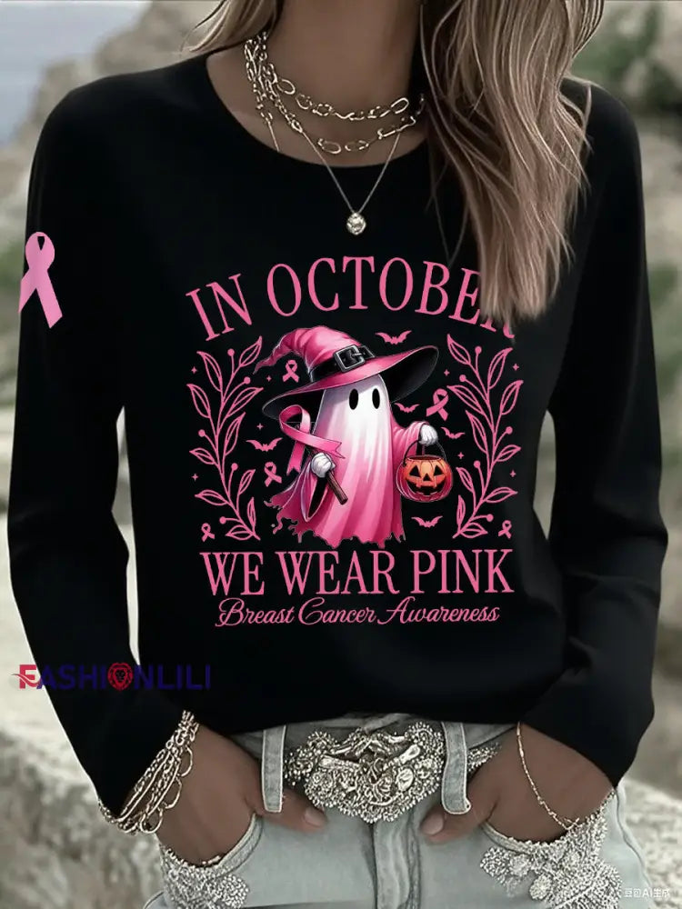 Women’s In October We Wear Pink Halloween Pink Ghost Breast Cancer Awareness Support Long Sleeve T Shirt Black / S