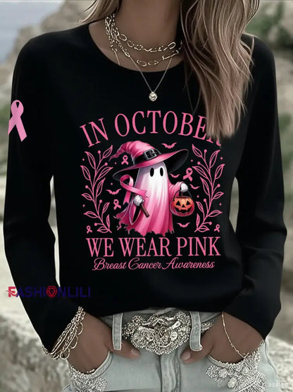 Women’s In October We Wear Pink Halloween Pink Ghost Breast Cancer Awareness Support Long Sleeve T Shirt Black / S