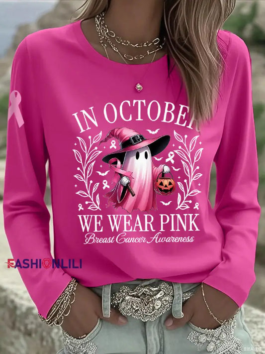 Women’s In October We Wear Pink Halloween Pink Ghost Breast Cancer Awareness Support Long Sleeve T Shirt Rose Red / S