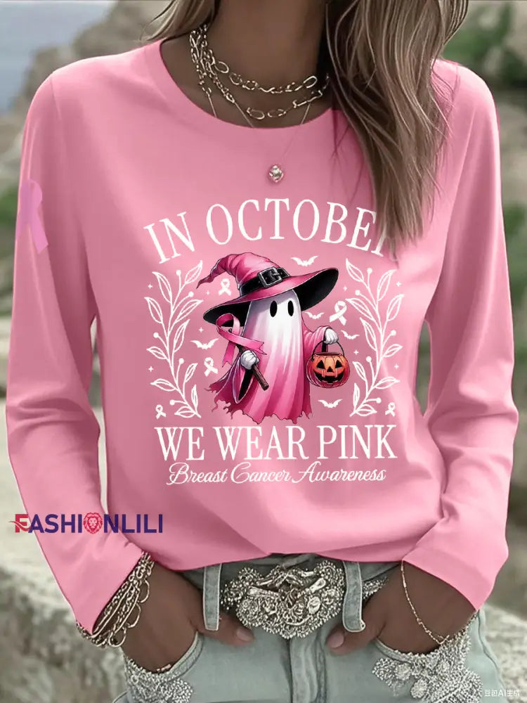 Women’s In October We Wear Pink Halloween Pink Ghost Breast Cancer Awareness Support Long Sleeve T Shirt Pink / S