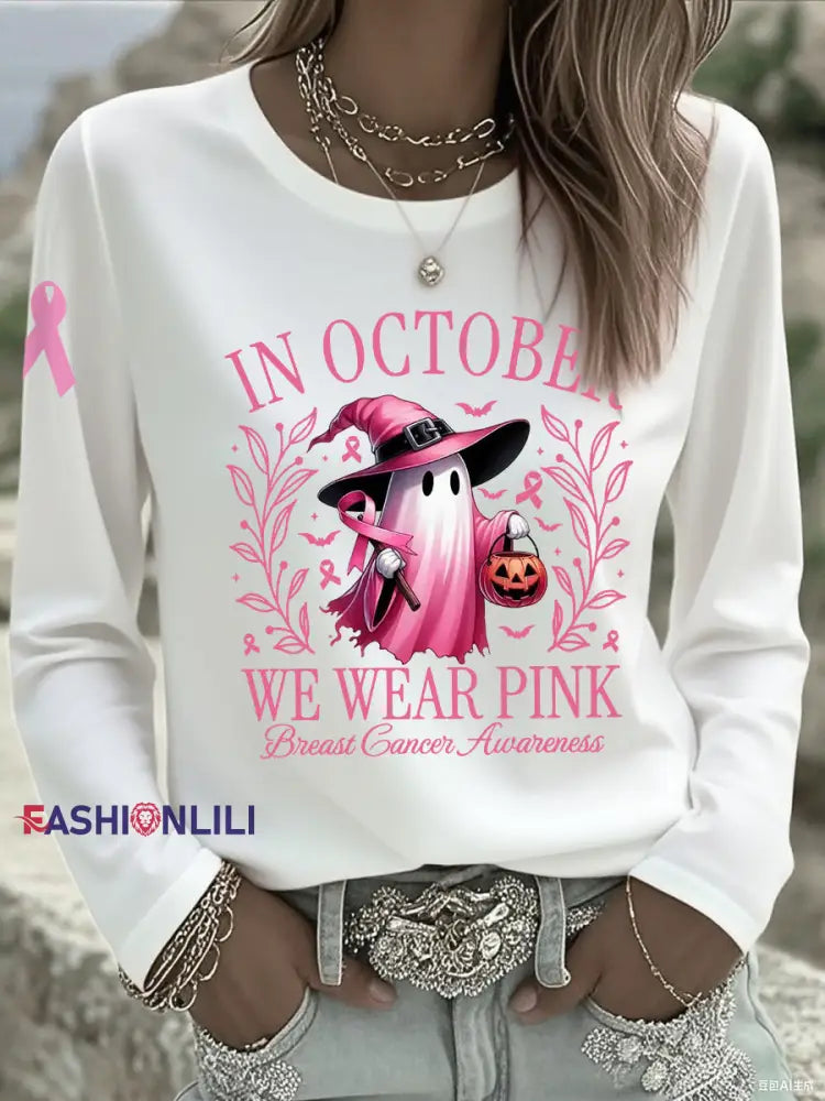 Women’s In October We Wear Pink Halloween Pink Ghost Breast Cancer Awareness Support Long Sleeve T Shirt White / S