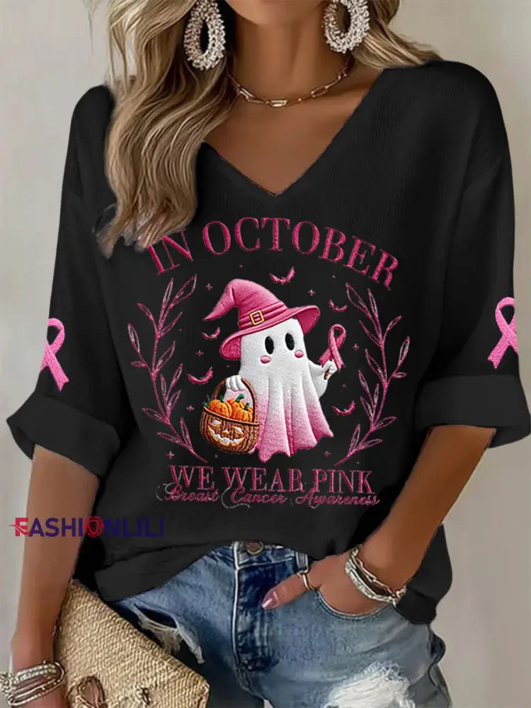 Women’s In October We Wear Pink Halloween Pink Ghost Breast Cancer Awareness Support Long Sleeve Top Black / S