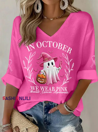 Women’s In October We Wear Pink Halloween Pink Ghost Breast Cancer Awareness Support Long Sleeve Top Rose Red / S