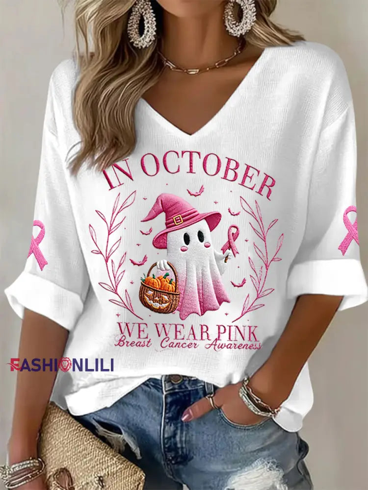 Women’s In October We Wear Pink Halloween Pink Ghost Breast Cancer Awareness Support Long Sleeve Top White / S