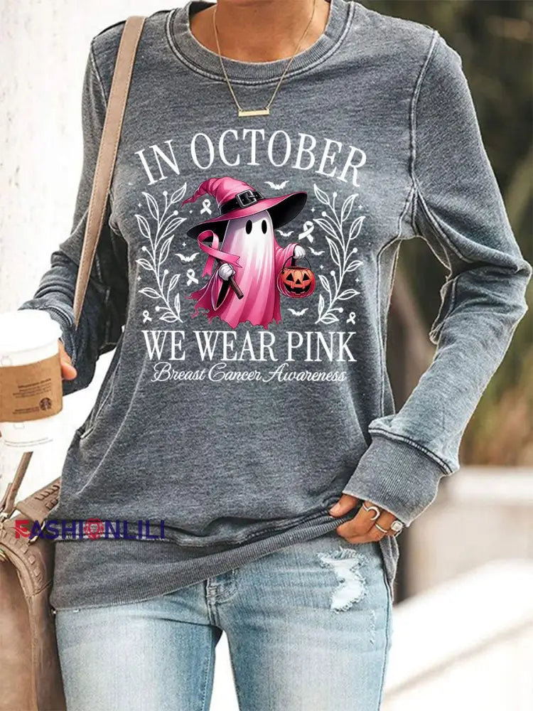 Women’s In October We Wear Pink Halloween Pink Ghost Breast Cancer Awareness Support Sweatshirt Gray / S