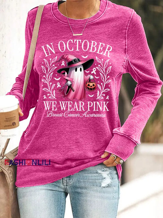 Women’s In October We Wear Pink Halloween Pink Ghost Breast Cancer Awareness Support Sweatshirt Rose Red / S