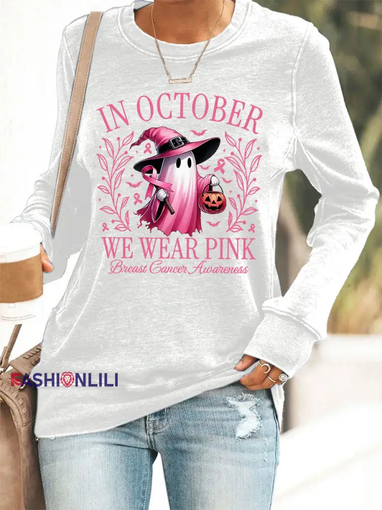 Women’s In October We Wear Pink Halloween Pink Ghost Breast Cancer Awareness Support Sweatshirt White / S