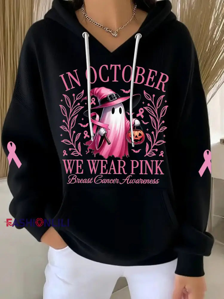 Women’s In October We Wear Pink Halloween Pink Ghost Print Breast Cancer Awareness Hoodie Black / S