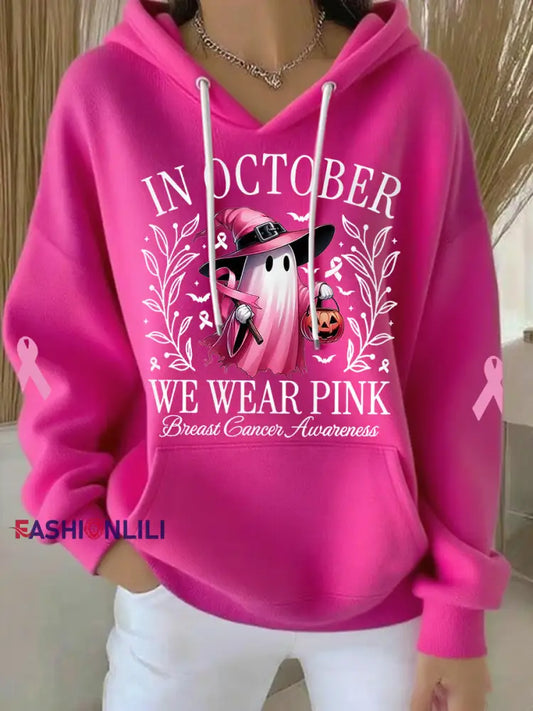 Women’s In October We Wear Pink Halloween Pink Ghost Print Breast Cancer Awareness Hoodie Rose Red / S