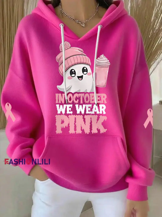 Women’s In October We Wear Pink Halloween Pink Ghost Print Breast Cancer Awareness Hoodie Rose Red / S