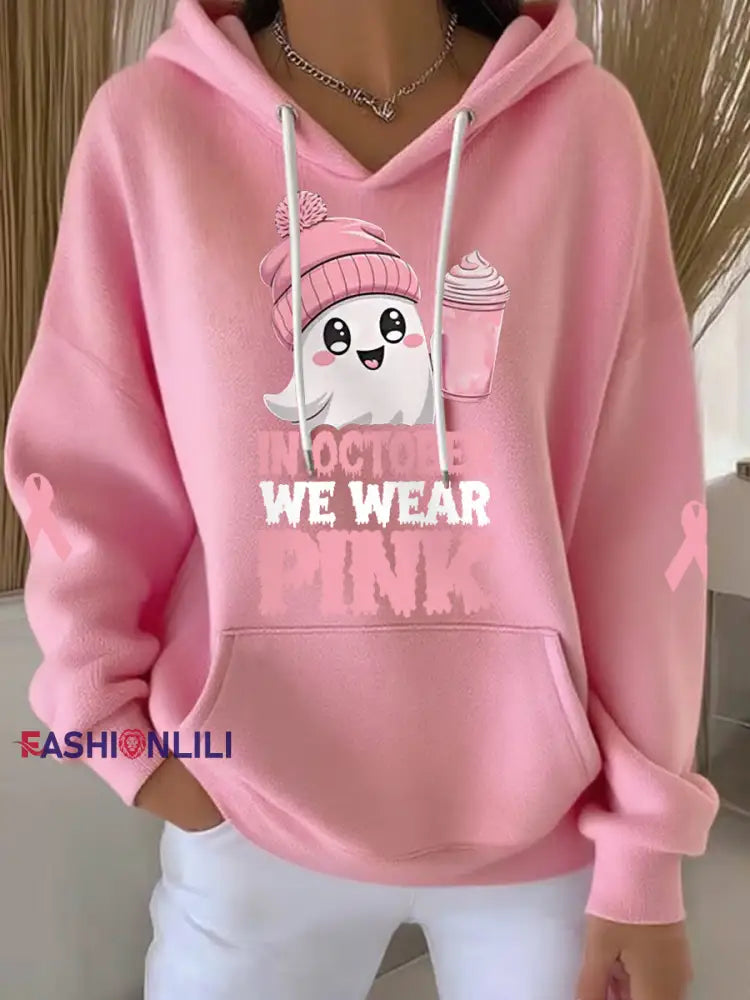 Women’s In October We Wear Pink Halloween Pink Ghost Print Breast Cancer Awareness Hoodie Pink / S