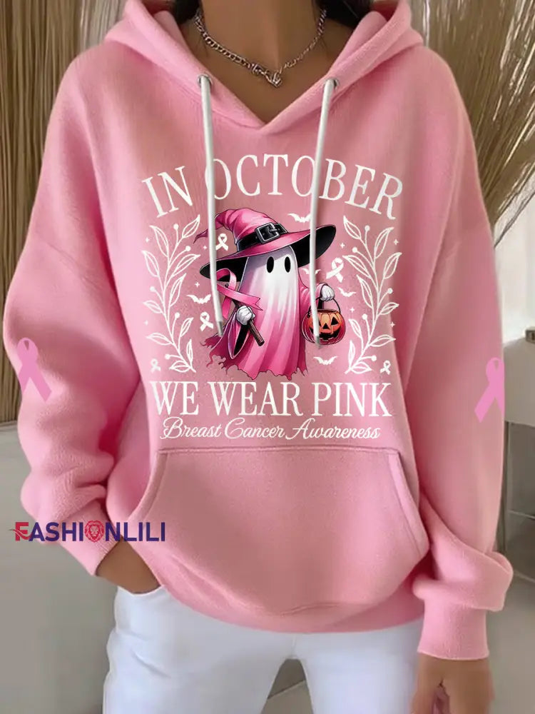 Women’s In October We Wear Pink Halloween Pink Ghost Print Breast Cancer Awareness Hoodie Pink / S