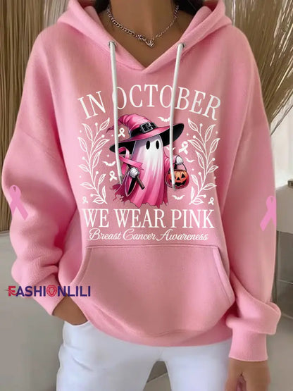 Women’s In October We Wear Pink Halloween Pink Ghost Print Breast Cancer Awareness Hoodie Pink / S