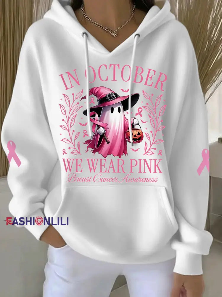 Women’s In October We Wear Pink Halloween Pink Ghost Print Breast Cancer Awareness Hoodie White / S
