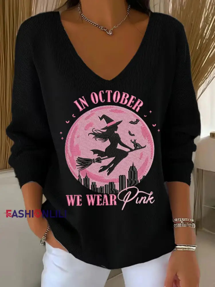 Women’s In October We Wear Pink Printed Casual Top Black / S