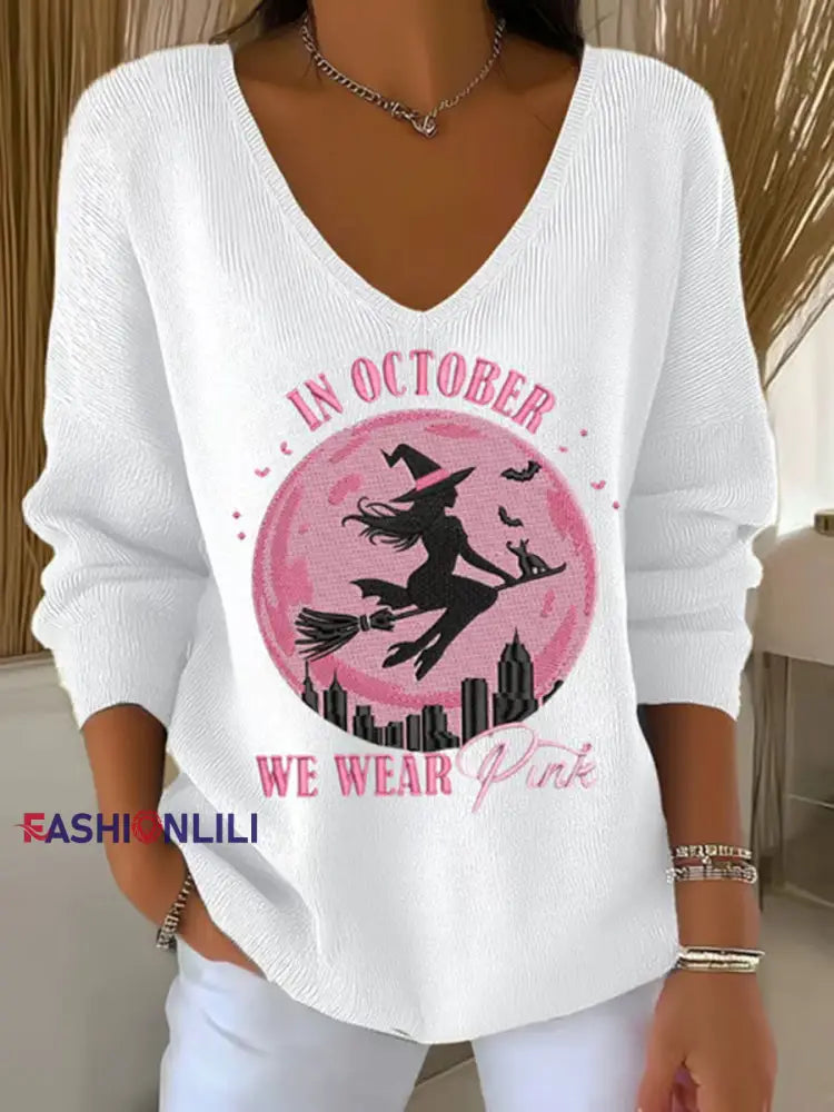 Women’s In October We Wear Pink Printed Casual Top White / S