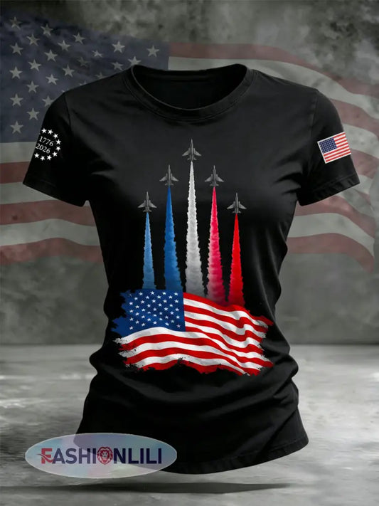 Women’s Independence Day American Flag Jet Planes Print Casual Tee - Black / S