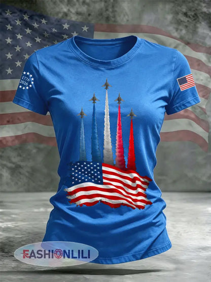 Women’s Independence Day American Flag Jet Planes Print Casual Tee - Blue / S
