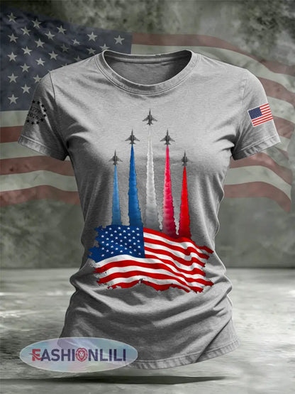 Women’s Independence Day American Flag Jet Planes Print Casual Tee - Light Gray / S