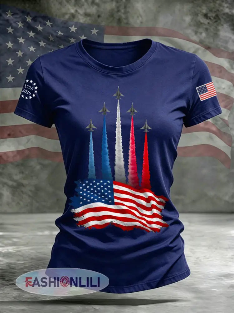 Women’s Independence Day American Flag Jet Planes Print Casual Tee - Navy Blue / S