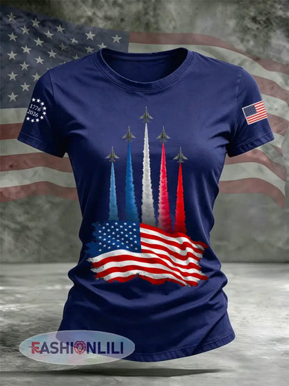Women’s Independence Day American Flag Jet Planes Print Casual Tee - Navy Blue / S