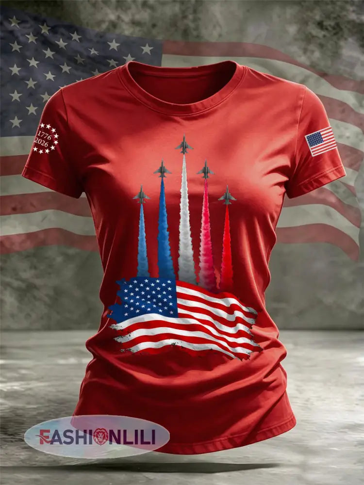 Women’s Independence Day American Flag Jet Planes Print Casual Tee - Red / S