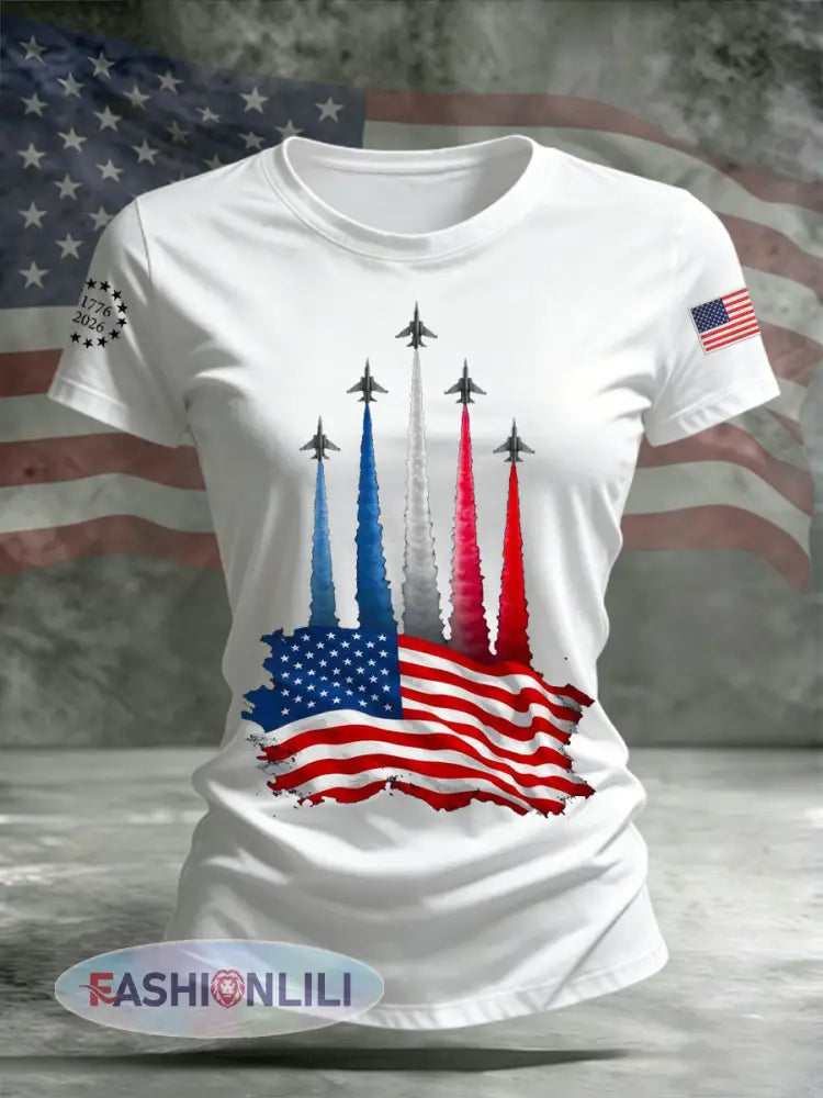 Women’s Independence Day American Flag Jet Planes Print Casual Tee - White / S