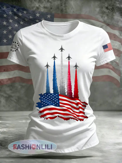 Women’s Independence Day American Flag Jet Planes Print Casual Tee - White / S
