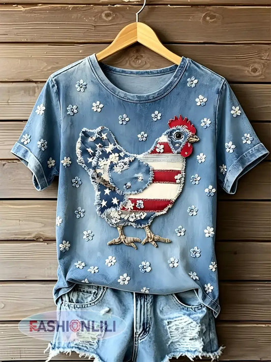 Women’s Independence Day Animal Embroidery Print Short-Sleeve T-Shirt - As picture / S