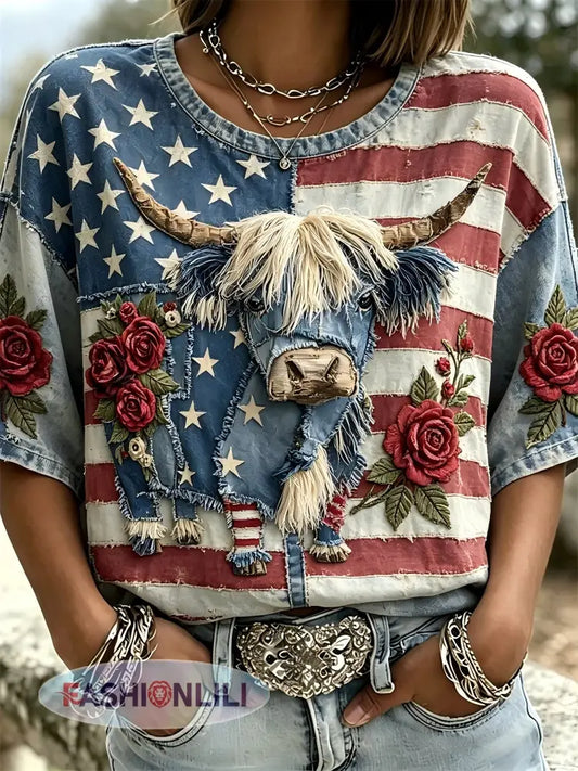 Women’s Independence Day Animal Embroidery Print T-Shirt - As picture / S
