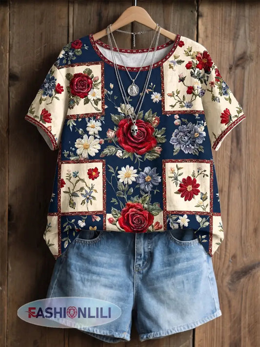 Women’s Independence Day Anniversary Floral Art Cotton Linen Short-sleeve Top - As picture / S