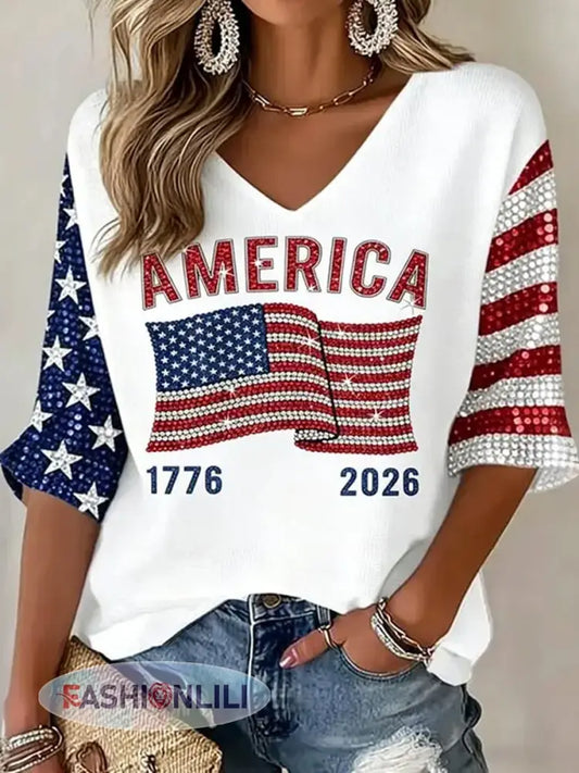 Women’s Independence Day Flag Art Print Waffle T-shirt - White / S