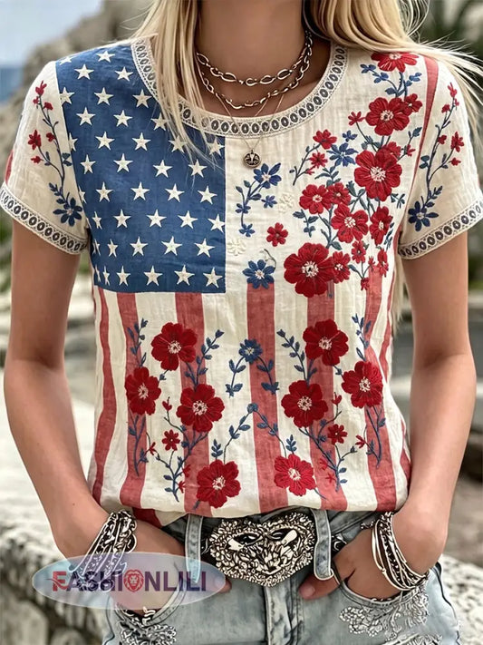 Women’s Independence Day Flag & Floral Pattern Casual Short Sleeves Top - As picture / S