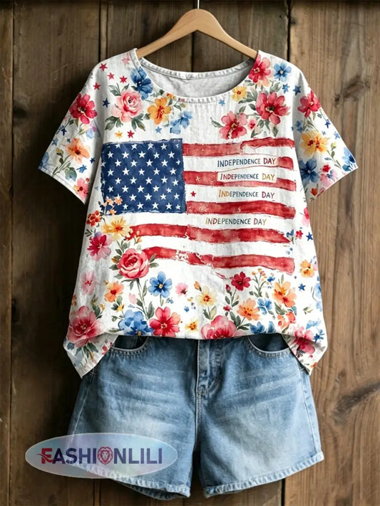 Women’s Independence Day Flag & Floral Pattern Casual Short Sleeves Top - White / S