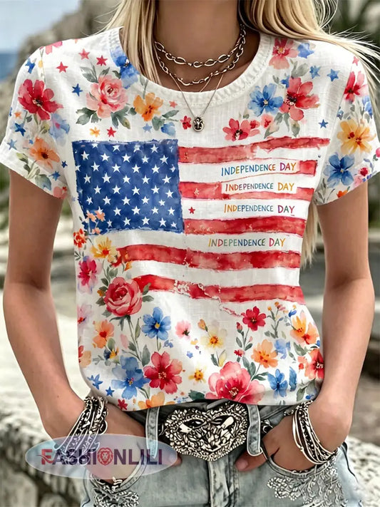 Women’s Independence Day Flag & Floral Pattern Casual Short Sleeves Top - White / S