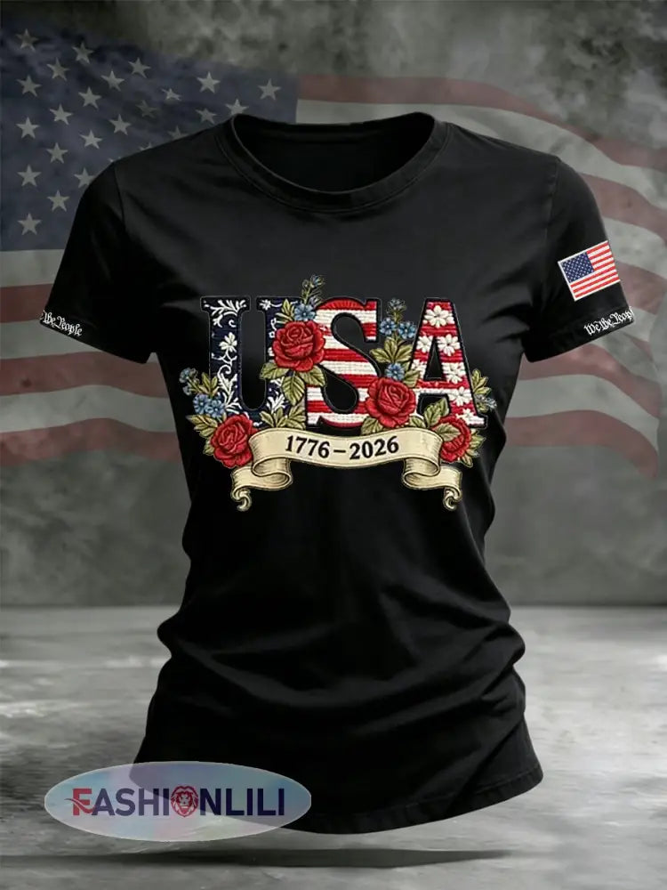 Women’s Independence Day Flag Flower Print Casual O-neck Short Sleeve T-shirt - Black / S
