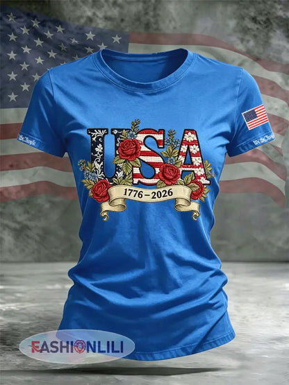 Women’s Independence Day Flag Flower Print Casual O-neck Short Sleeve T-shirt - Blue / S