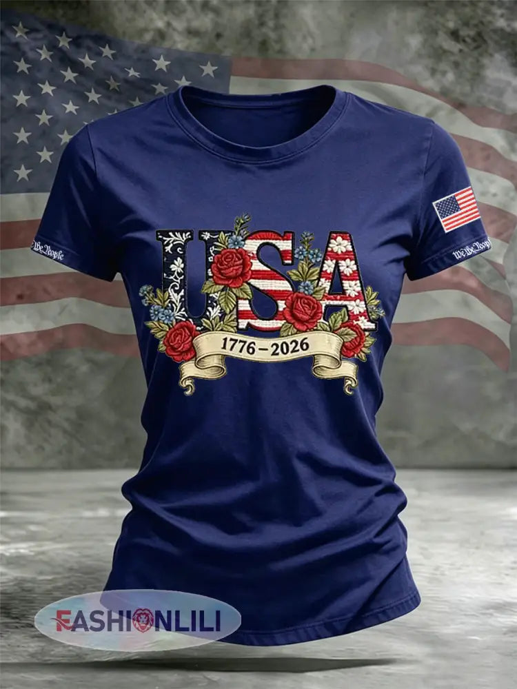 Women’s Independence Day Flag Flower Print Casual O-neck Short Sleeve T-shirt - Navy Blue / S