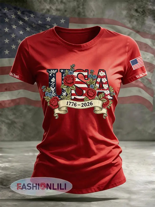 Women’s Independence Day Flag Flower Print Casual O-neck Short Sleeve T-shirt - Red / S
