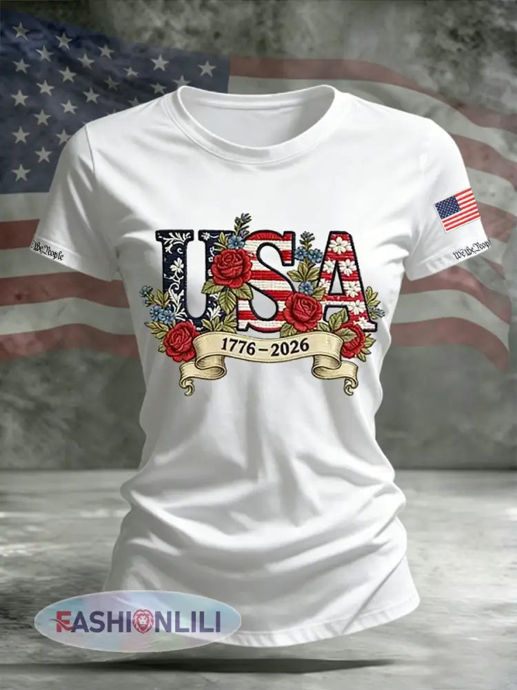 Women’s Independence Day Flag Flower Print Casual O-neck Short Sleeve T-shirt - White / S