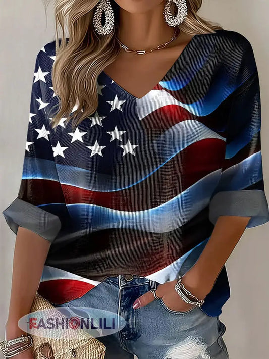 Women’s Independence Day Flag V-Neck Tops - As picture / S