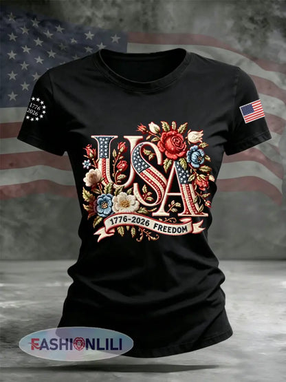 Women’s Independence Day Floral USA Flag Print Casual Tee - Black / S