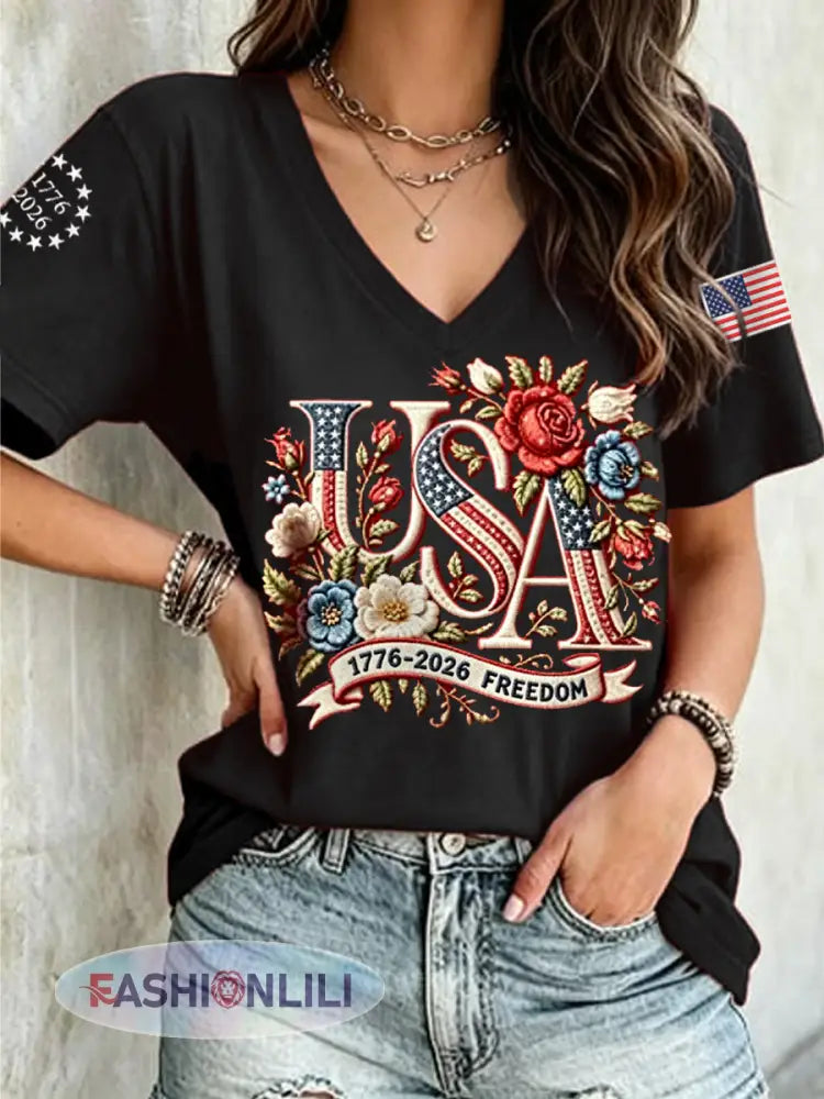 Women’s Independence Day Floral USA Flag Print Casual Tee - Black / S