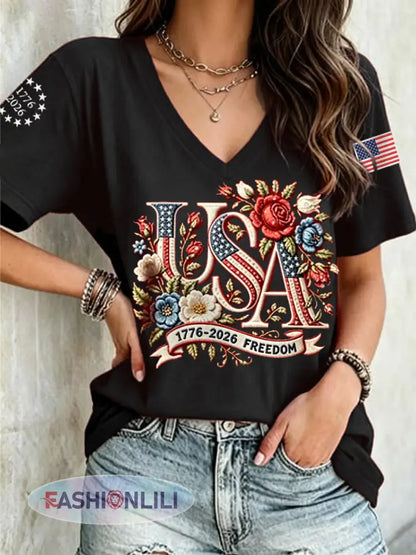 Women’s Independence Day Floral USA Flag Print Casual Tee - Black / S