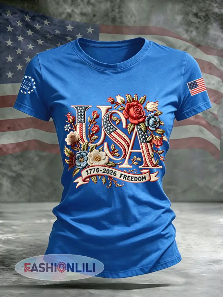 Women’s Independence Day Floral USA Flag Print Casual Tee - Blue / S