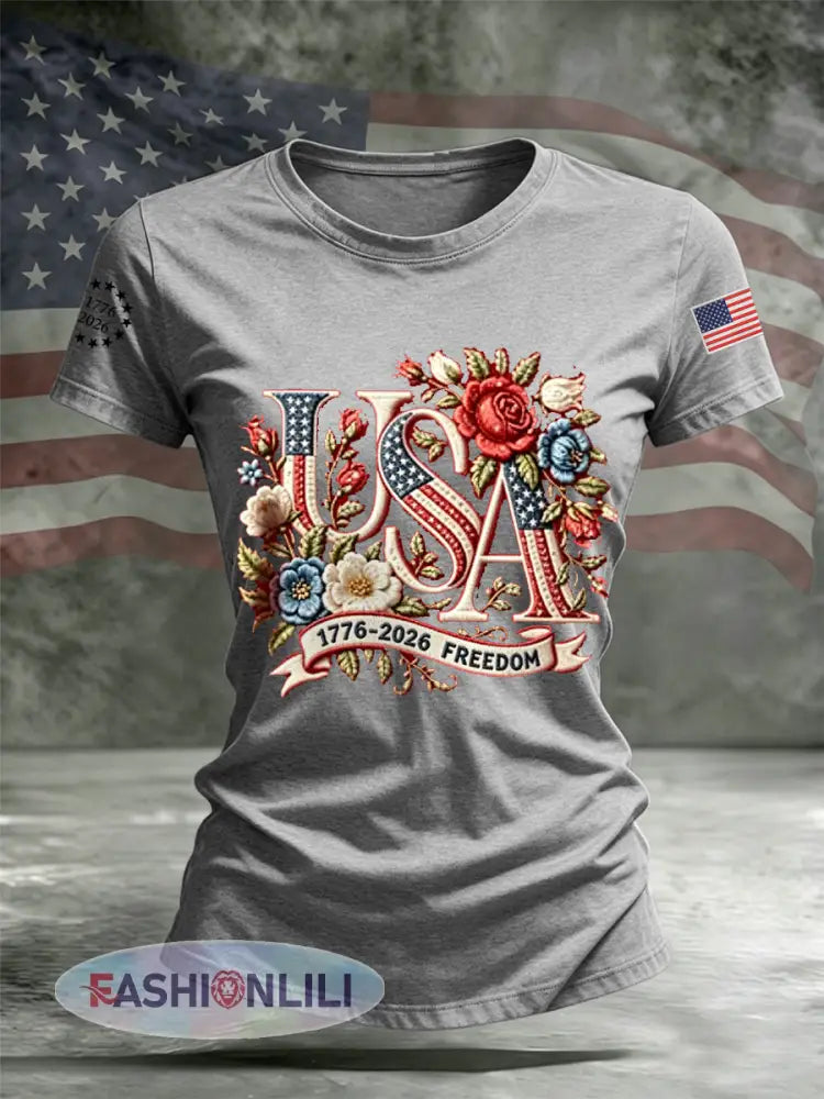 Women’s Independence Day Floral USA Flag Print Casual Tee - Light Gray / S