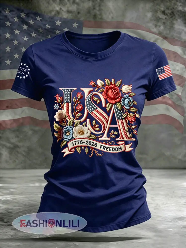 Women’s Independence Day Floral USA Flag Print Casual Tee - Navy Blue / S