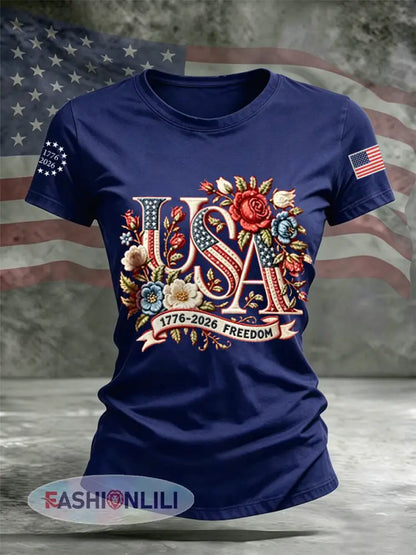 Women’s Independence Day Floral USA Flag Print Casual Tee - Navy Blue / S