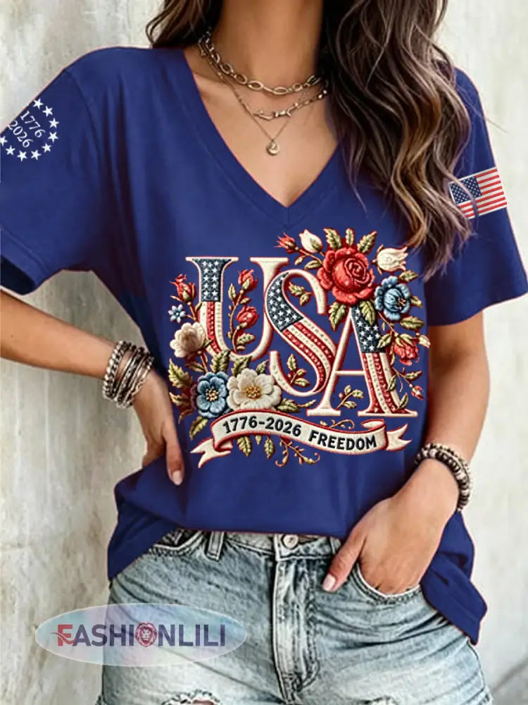 Women’s Independence Day Floral USA Flag Print Casual Tee - Navy Blue / S