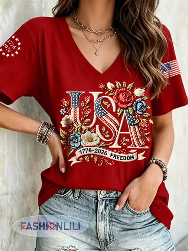 Women’s Independence Day Floral USA Flag Print Casual Tee - Red / S